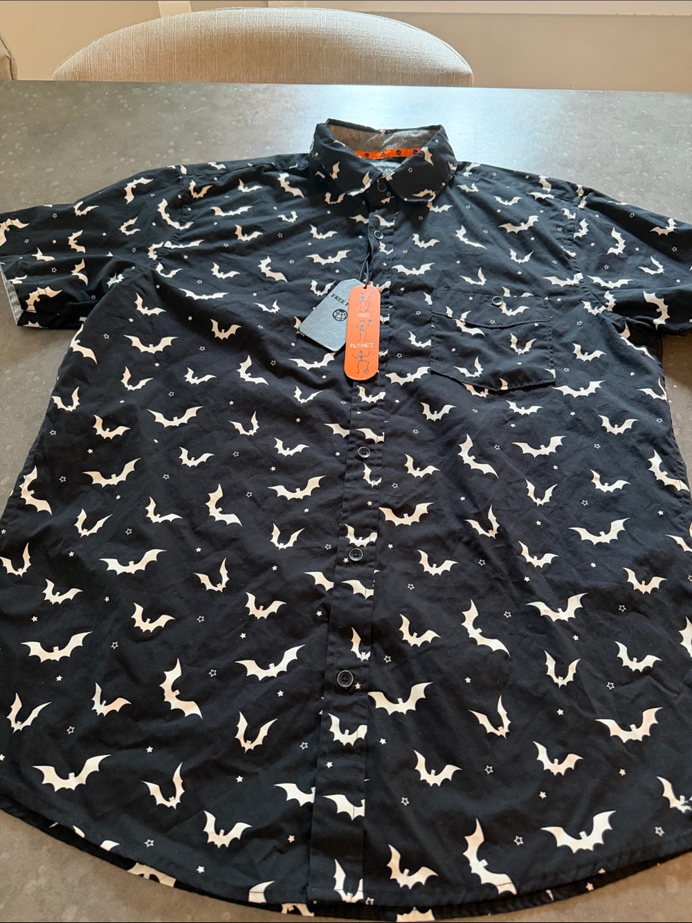 Free Planet Black Short-Sleeve Button-Down Shirt with White Bat Print
